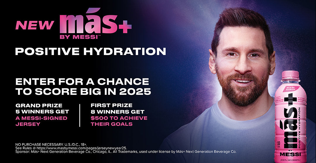 Advertisement for Más+ by Messi hydration drink featuring Lionel Messi smiling against a cosmic purple and blue background. The ad promotes 'Positive Hydration' and a contest where participants can win a Messi-signed jersey or $500. A pink bottle of the hydration drink is displayed on the right, with bold white and pink text highlighting the brand and contest details.