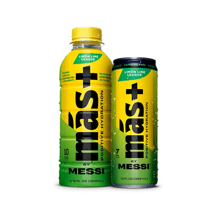 A green and yellow 16.9 fl oz (500ml) plastic bottle and a green and yellow 12 fl oz (355ml) aluminum can of "Más+ Positive Hydration by Messi" in the "Limón Lime League" flavor. The bottle has a screw cap, while the can has a sleek, slim design with condensation droplets. Both emphasize features like no artificial sweeteners, caffeine-free, and containing electrolytes and antioxidants. The background is transparent.