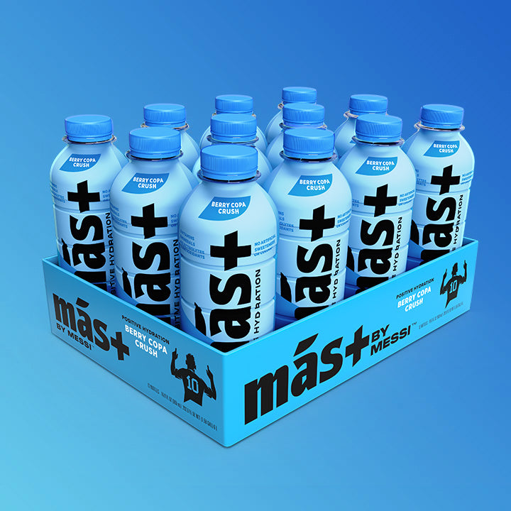 A neatly arranged 12-pack of protein drinks in blue bottles with blue caps, featuring the bold black text "Más+" and the brand "Messi." The packaging is blue with black branding, and the background has a gradient blue effect.