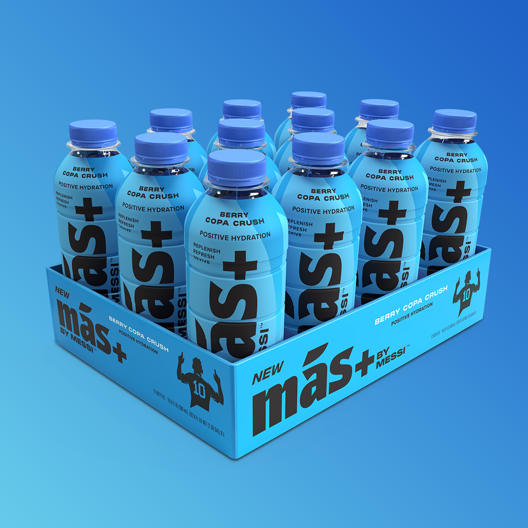 A display of new Más+ Lemon Lime League hydration drinks in a yellow box, featuring yellow bottles with bold black labels and the 'Más+ by Messi' logo, set against a bright yellow and green gradient background."

Alt text 2: "A set of ten Lemon Lime League Más+ hydration bottles arranged in a box, with the bright yellow packaging and 'Más+ by Messi' logo, complemented by a vibrant yellow-green gradient background."