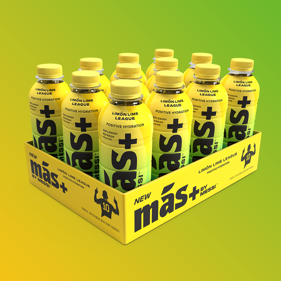 A set of Lemon Lime League Más+ by Messi hydration bottles arranged in a box, with the bright yellow packaging and 'Más+ by Messi' logo, complemented by a vibrant yellow-green gradient background.