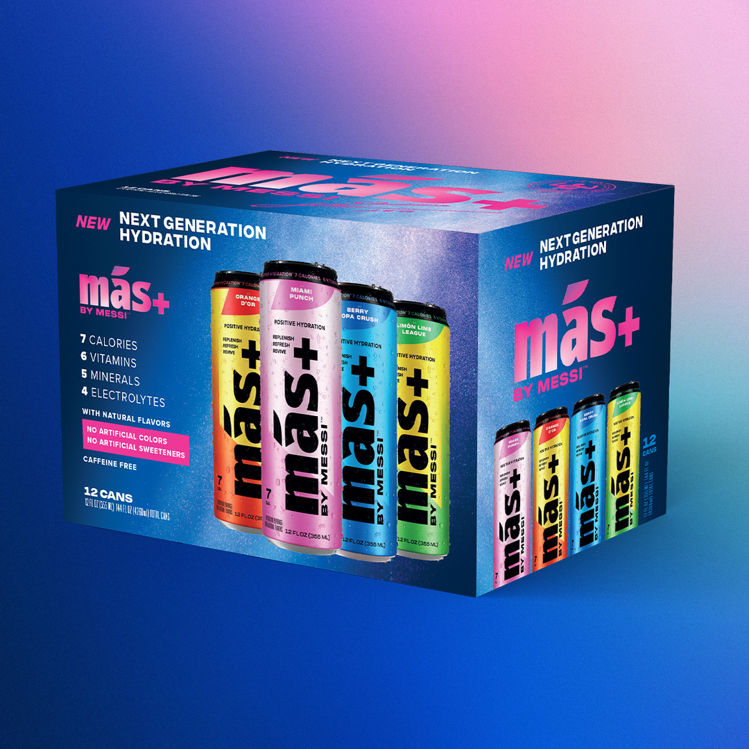 A vibrant box of Más+ hydration drink by Messi, showcasing 12 cans in four flavors against a blue and pink background.